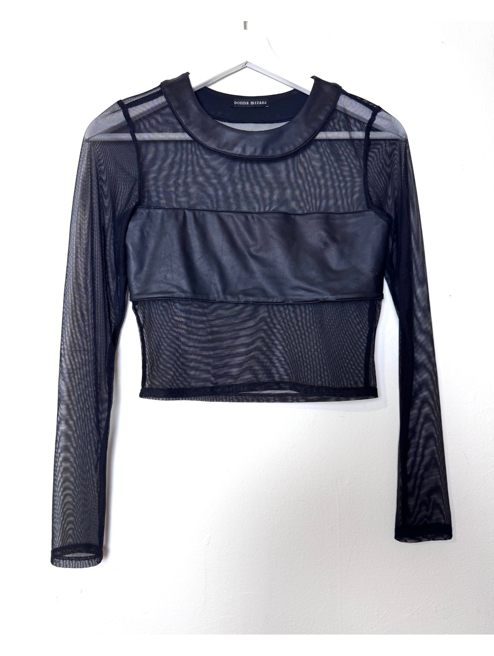 Donna Mizani mesh faux leather black cropped long sleeve top sheer size S
